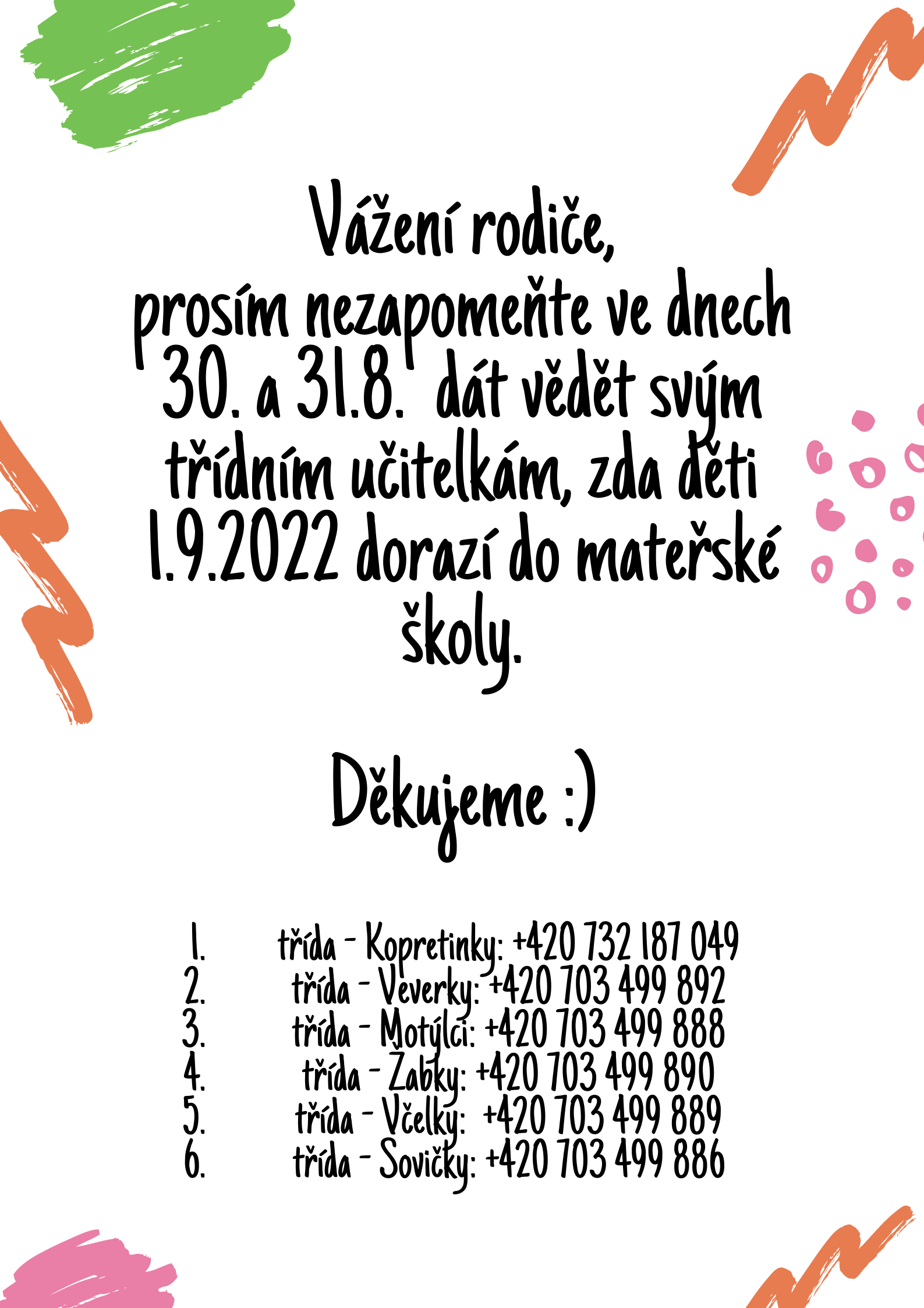 Vážení rodiče, prosím nezapomeňte ve dnech 30. a 31. 8. informovat své třídní učitelky, zda děti 1.9. 2022 nastoupí do mateřské školy. Děkujeme!.png